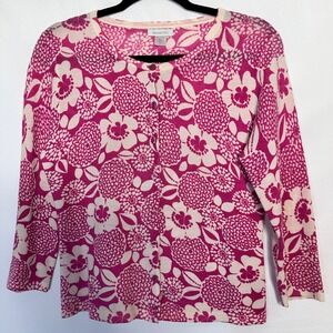 GARNET HILL Pink Floral Merino Wool Button Front Cardigan Sweater M